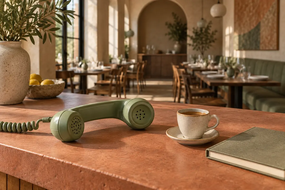 Sage-green phone handset and espresso cup on a restaurant counter